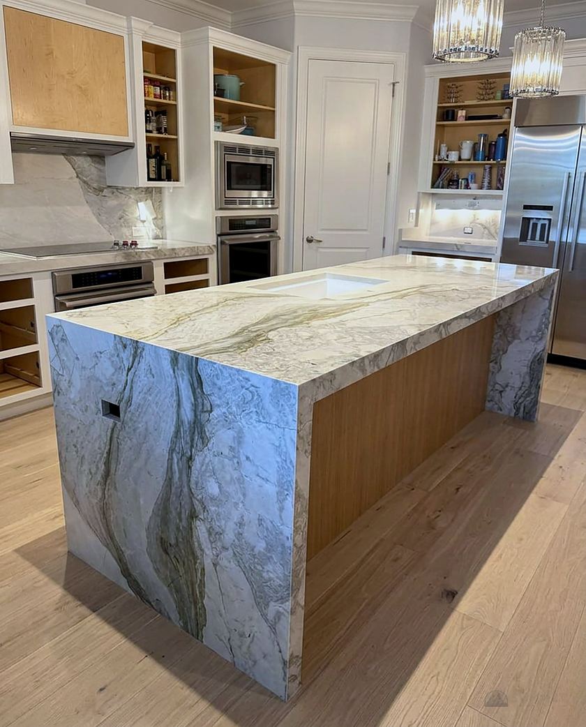Kitchen island in quartzite with waterfall sides