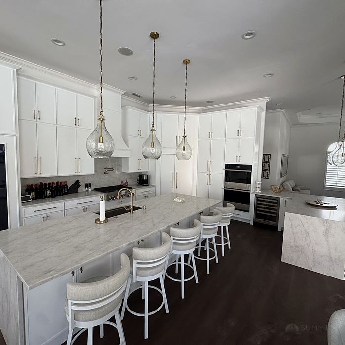 Open kitchen with a long island and counter seating